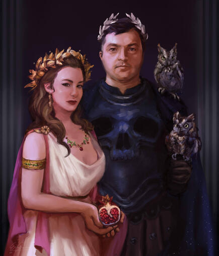 double character portrait, with background elements